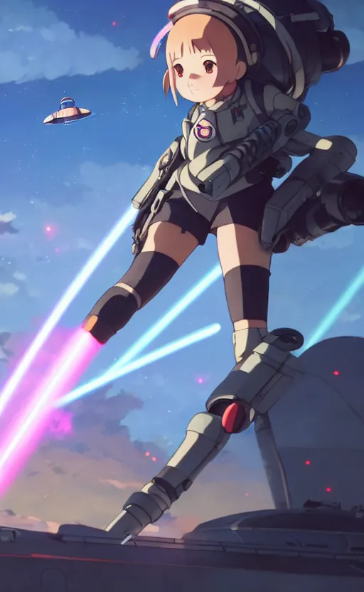 Prompt: a cute pilot girl dogfighting a ufo with lasers, black sky background, battlefield landscape, illustration concept art anime key visual trending pixiv fanbox by wlop and greg rutkowski and makoto shinkai and studio ghibli and kyoto animation, soldier clothing, military weaponry, piston engines fused legs, flashy lights