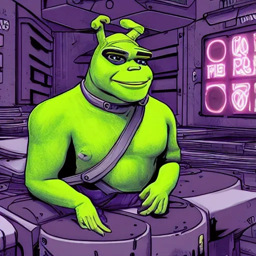 Image similar to Cyber punk shrek, dystopian, realistic, existential