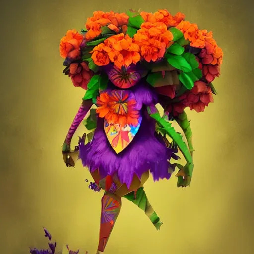 Image similar to a beautiful stunning fantasy matte digital painting of a traditional pinata made of orange and purple flowers and green leaves, concept art, professional lighting, trending on artstation hq, contest winner