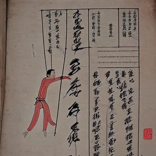 Prompt: yi jin jing posture in huang di nei jing chinese medical kung fu diagram, old manuscript, ancient information