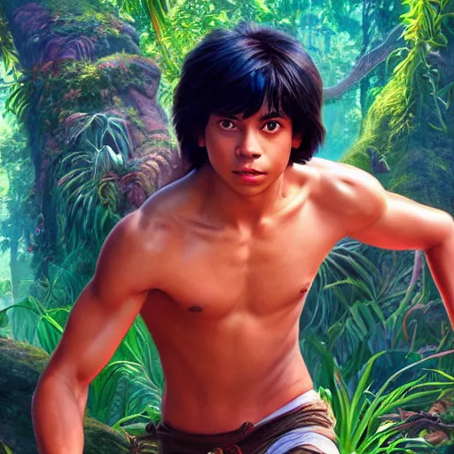 Prompt: skinny young jake t. austin as mowgli from the jungle book, dynamic lighting, path traced, atmospheric, highly detailed, high quality, beautiful painting, octane render, don bluth, ross tran, studio ghibli, alphonse mucha, jama jurabaev, extremely detailed, brush strokes, artstation, artgerm