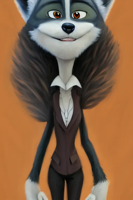 Image similar to oil painting of anthromorphic female wolf, in style of cory loftis, female fursona, furry, furaffinity, 4 k, deviantart, furry art, fursona art, wearing black business suit, business suit, in style of zootopia, wolf fursona, cyberpunk, female, very expressive detailed feminine face,