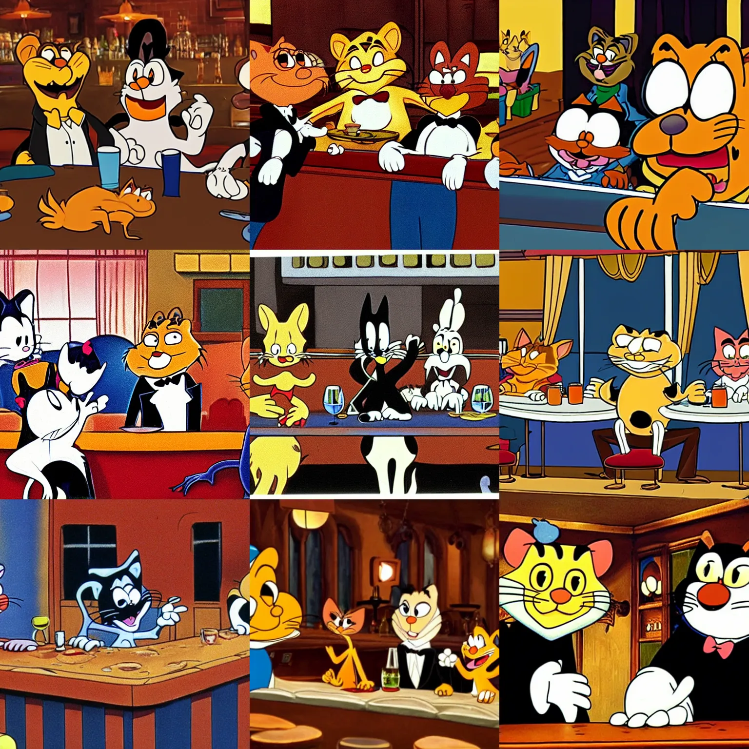 Prompt: garfield, felix the cat, tom from tom and jerry and sylvester sitting at a bar together