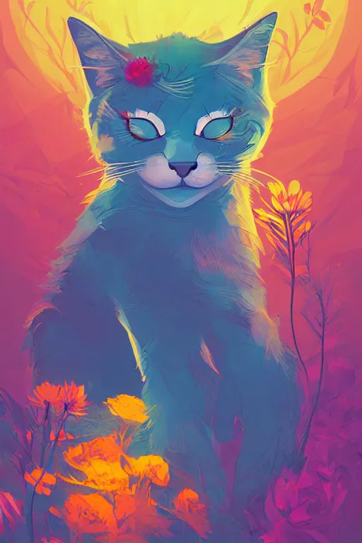 Image similar to a digital art of a cat sleeping in the room with flowers around in the afternoon, the sun shines in, animal, light effect, highly detailed, by anton fadeev