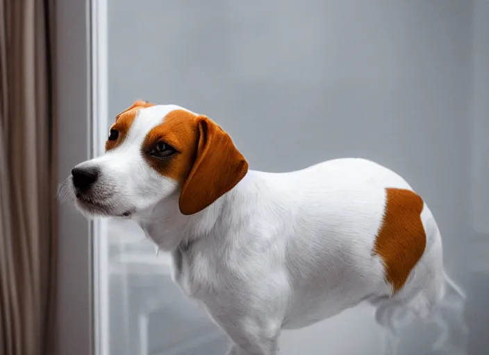 Image similar to photography of a Jack Russel . watching outside the window. on a bed. in a white room.,volumetric light, photorealistic,, award winning photo, 100mm, sharp, cloth, high res