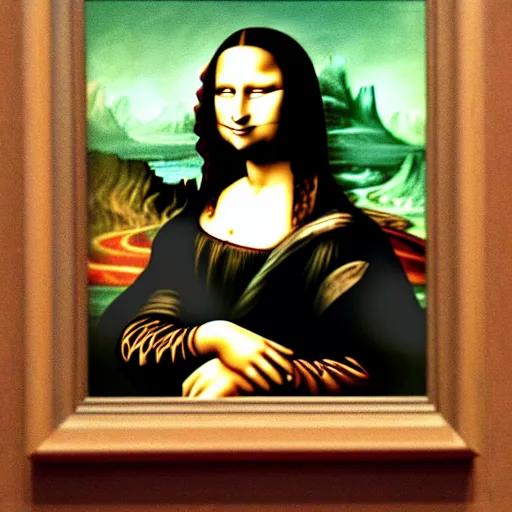 Prompt: Oil painting of the Mona Lisa on an ipad , raging and being very angry, in the style of Da vinci