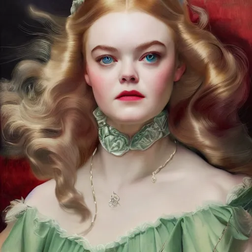 Image similar to Elle Fanning fighting a green ghost, retro-futurism, horror, by J. C. Leyendecker and Peter Paul Rubens, Extremely detailed. 8K. Award winning.