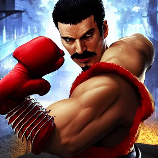 Image similar to freddy mercury as ryu street fighter, action shot, face detail, ultra realistic, concept art, intricate details, highly detailed, photorealistic, octane render, 8 k, unreal engine, art by frank frazetta, simon bisley, brom