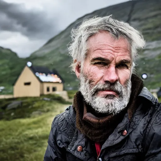 Prompt: Jonas Gahr Støre powering Norwegian village by shooting lightning out of his hands, glowing eyes