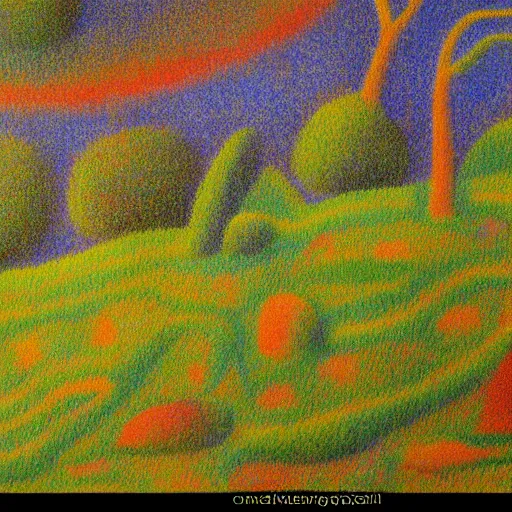 Image similar to painting of a lush natural scene on an alien planet by georges seurat. beautiful landscape. weird vegetation. cliffs and water.