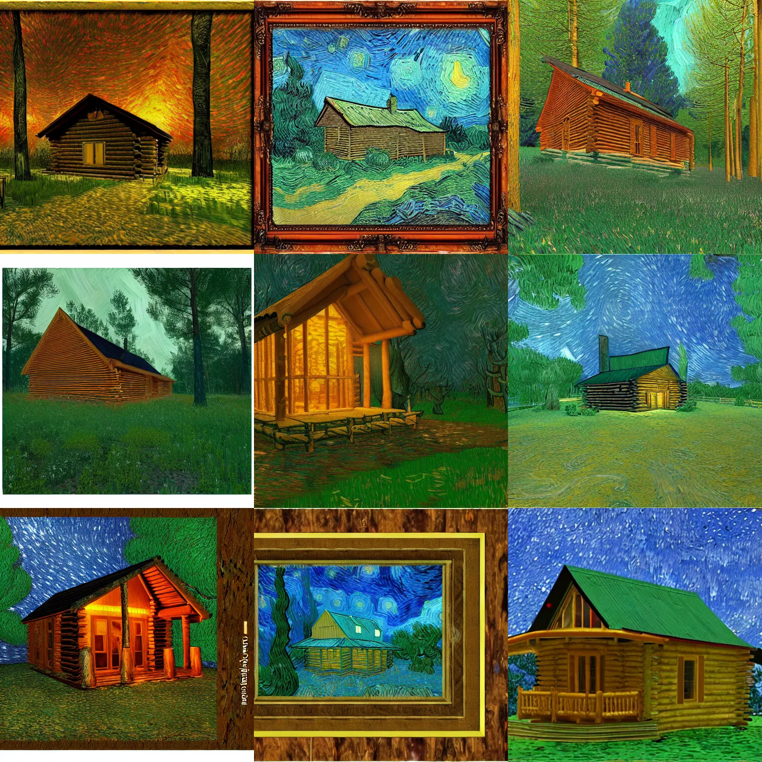 Prompt: [ a log cabin in the forest ] [ van gogh ] [ volumetric ]