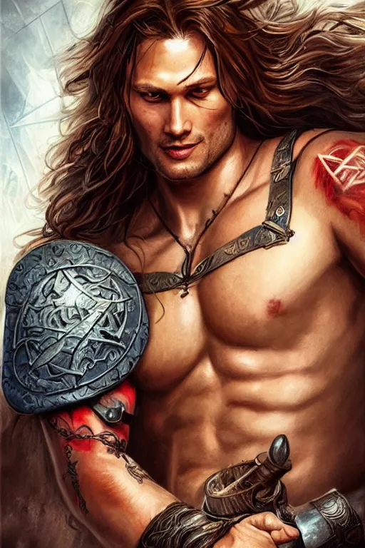 Prompt: romance book for women illustration, front portrait of attractive sam winchester as a viking warrior, clothes torn apart, muscular chest tattooed with runes and symbols, d & d!, fantasy style, sharp focus!, ultra detailed, art by artgerm and peter andrew jones, wlop