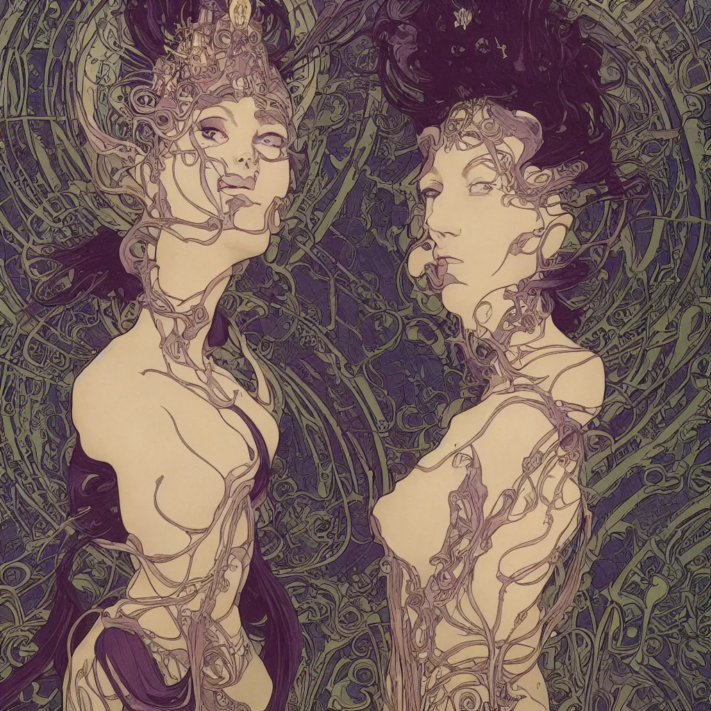 Image similar to a dramatic art nouveau panorama portrait of a malevolent and seductive alien space queen, perfectly symmetrical facial features, beautiful confident eyes, photorealism, by alphons mucha, bill sienkiewicz, geof darrow, travis charest and ralph bakshi, sensual volumetric lighting, vray render, zbrush, artstation, deviantart, the liberator