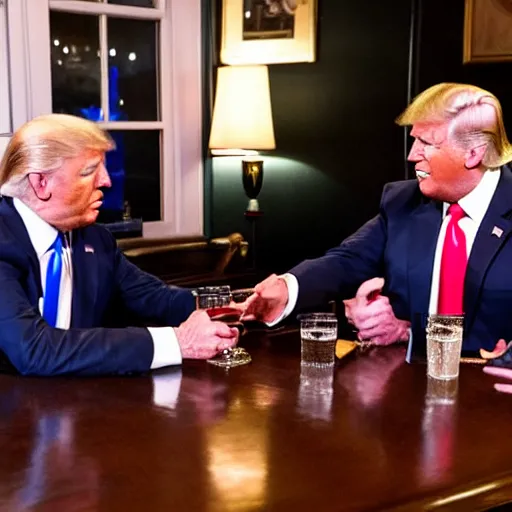 Image similar to joe biden and donald trump getting drunk together at a pub, laughing and joking, at night