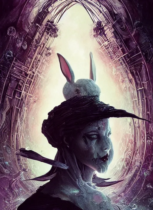 Image similar to white rabbit the magician tarot card, highly detailed, cinematic, 8 k, by megan duncanson, stanley artgermm, tom bagshaw, greg rutkowski, carne griffiths, ayami kojima, beksinski, giger, trending on deviantart, hyper detailed, horror, full of colour