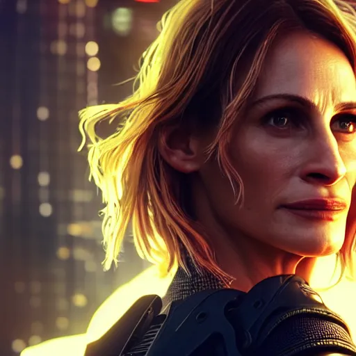 Image similar to julia roberts portrait, cyberpunk 2 0 7 7, cyberpunk v, rogue amendiares, photorealistic, ultra detailed, neon, octane, bokeh, cinematic lighting, cyber, cyberpunk city, studio quality, feature, scars, cyberface, 8 k