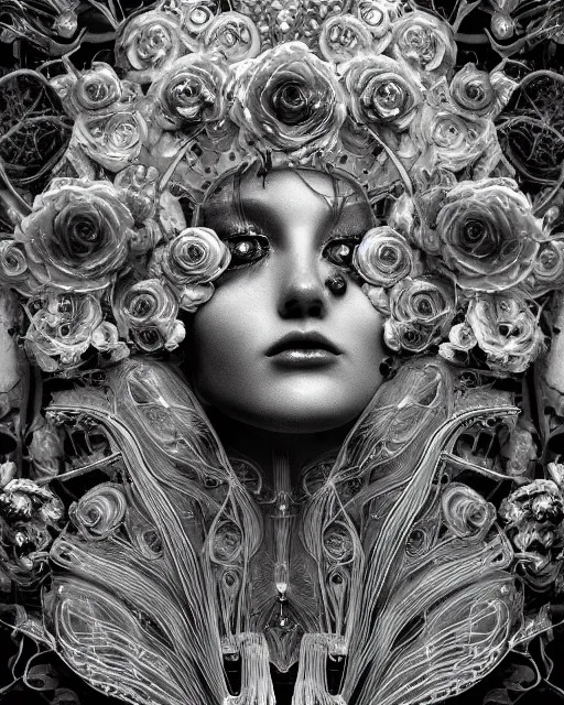 Image similar to mythical dreamy black and white organic bio - mechanical spinal ribbed profile face portrait detail of translucent steampunk beautiful female angelic - human - queen - vegetal - cyborg, highly detailed, intricate crystal ivy jelly ornate, poetic, translucent roses ornate, 3 d render, digital art, octane render, 8 k artistic photography, photo - realistic, by dora maar