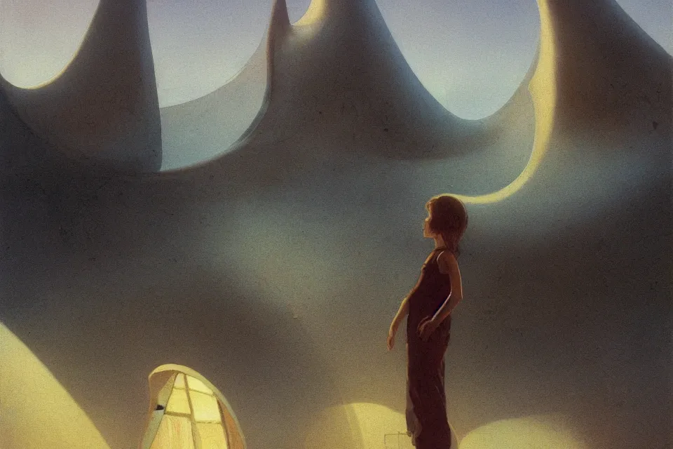 Image similar to atmospheric painting of a giant seashell house, a young girl stands outside, by moebius and john harris, atmospheric, concept art, saturation 8