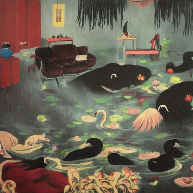 Image similar to emo artist in her flooded lounge room, painting of flood waters inside an artist's loungeroom, a river flooding indoors, pomegranates, pigs, ikebana, zen, water, octopus, river, rapids, waterfall, black swans, canoe, berries, acrylic on canvas, surrealist, by magritte and monet