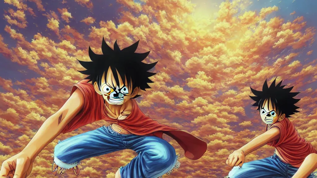 Prompt: luffy in highly detailed manga spread combination of art styles depicting an impactful action scene on open meadow clear sky at noon with expert design fictional characters, dynamic art by sakimi, bright colors, moebius, makoto shinkai, murata, james jean, craig mullins, digital painting, masterpiece, best selling, pixiv, volumetric lighting, realistic shaded lighting, 8 k