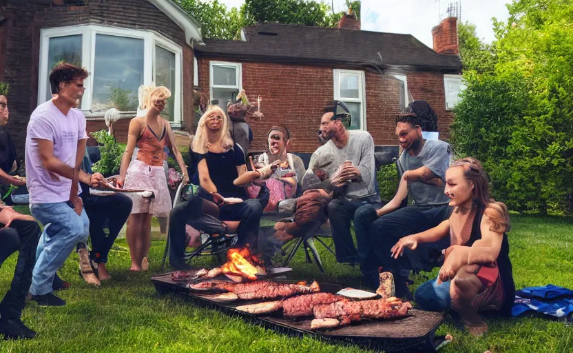 Image similar to a group of friends having a bbq with an alien at the backgardenof a detroit house