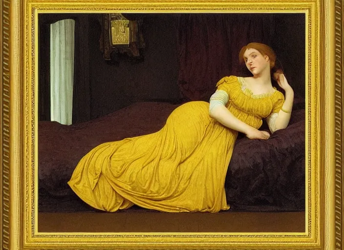 Image similar to portrait of lady reclining on bed wearing yellow ochre ornate medieval dress, foreshortening, framed, preraphaelite colour photography by frederic leighton, william morris, 8 k