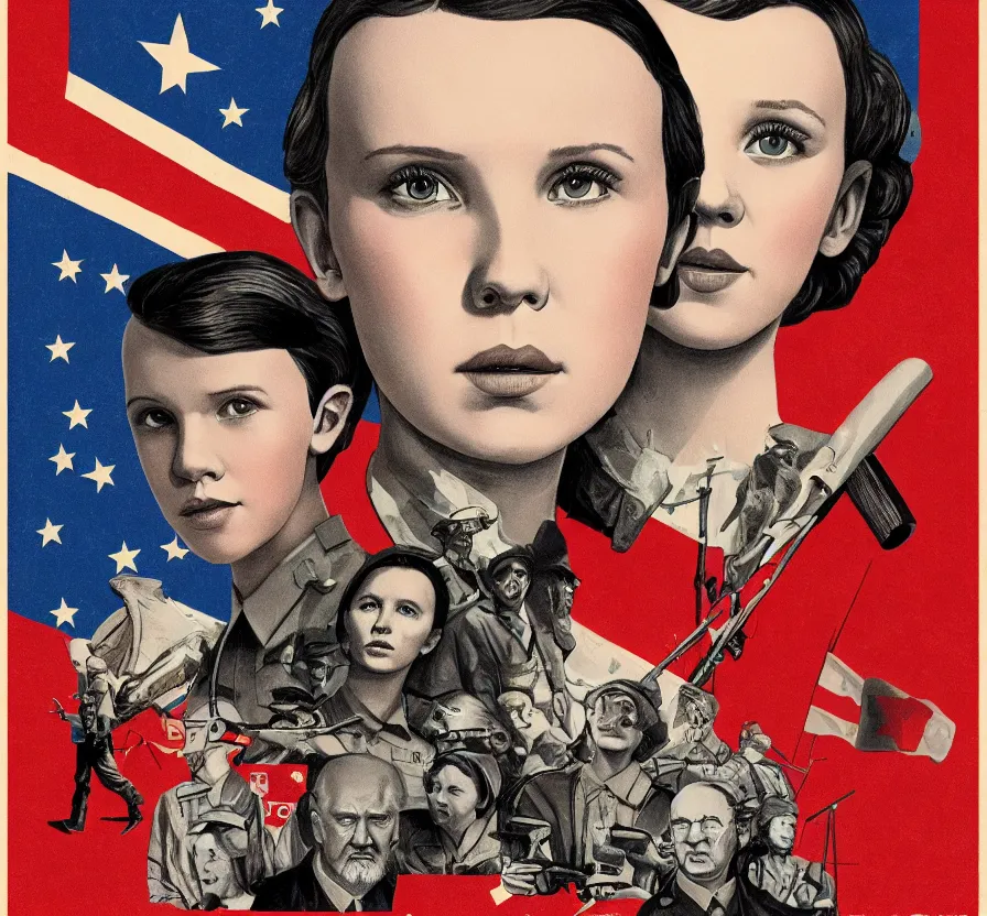 Image similar to millie bobby brown, propaganda, poster, revolution, communist, high detail, year 1 9 4 4, russian letters, lenin, trending on artstation, illustration, by maria zolotukhina