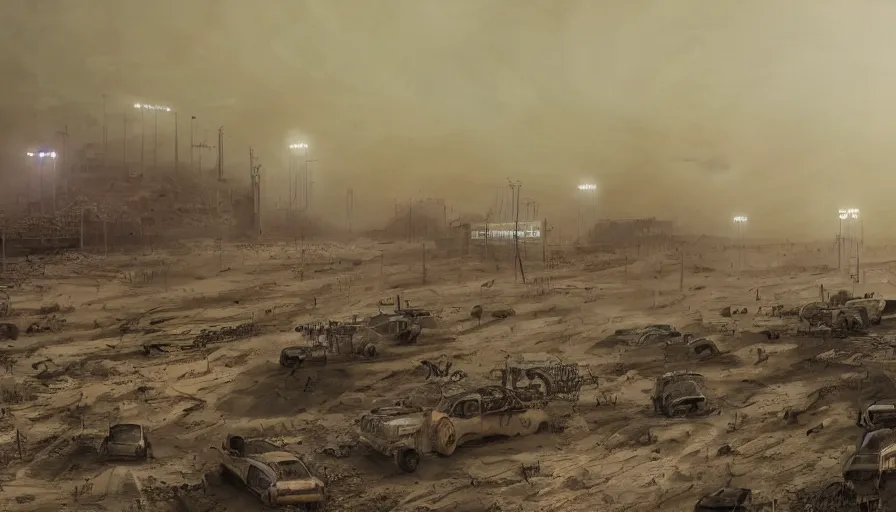 Prompt: Abandoned stadium under tons of sand during sandstorm in Mad Max, hyperdetailed, artstation, cgsociety, 8k