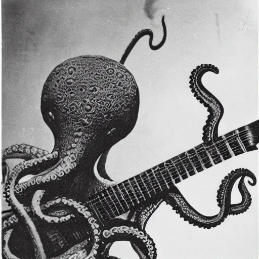 Image similar to vintage photograph of an octopus playing folk blues guitar with its tentacles