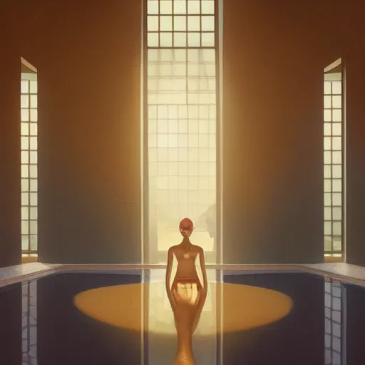 Image similar to indoor liminal space, golden light, peter tarka, minimalistic, hyperrealistic surrealism, award winning masterpiece with incredible details, epic stunning, infinity pool mirrors, a surreal vaporwave liminal space with mirrors, highly detailed, trending on artstation, artgerm and greg rutkowski and alphonse mucha, daily deviation