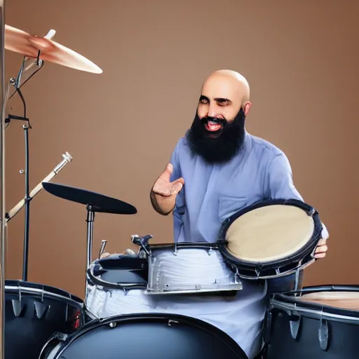 Image similar to bald arab guy with a beard playing a drum solo on a large drum kit, extremely detailed, concept art, soft lighting, 8k