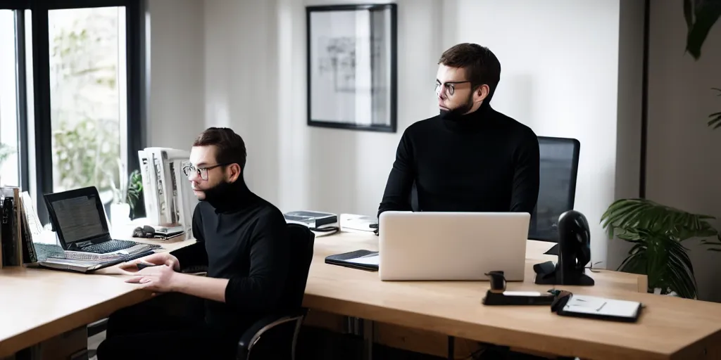 Prompt: low angle establishing shot of a man wearing black turtle neck sitting in front of his computer located in his home office