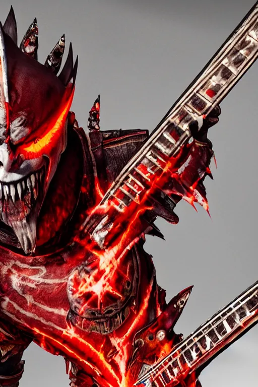 Prompt: red face paint armored screaming kratos rocking out on a flaming stratocaster guitar, cinematic render, god of war 2 0 1 8, playstation studios official media, lightning, flames, left eye red stripe, red left eye stripe, left eye red stripe, red left eye stripe, clear, coherent