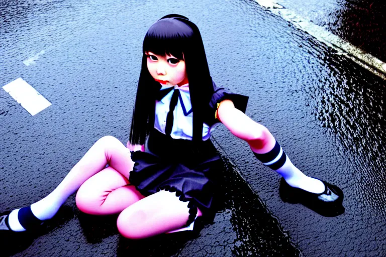 Prompt: Strict girl in Japanese maid's clothes and long stockings sits on the wet pavement in the parking lot at night in the rain