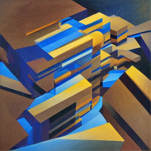 Prompt: abstract painting of layers of rocky material. highly geometric slanting down. isometric view. beautiful use of light and shadow to create a sense of depth and movement. using energetic brushwork and a limited color palette, providing a distinctive look and expressive quality in a mathematical composition