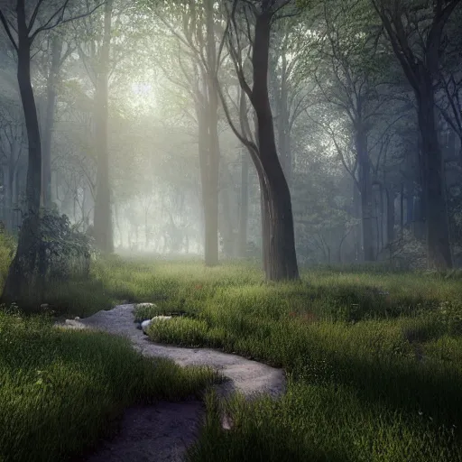 Image similar to A young heavenly and peaceful forest, beautiful lighting,digital art , highly detailed , high contrast, beautiful lighting, award winning , trending on art station, 8k, photorealistic,unreal engine 5