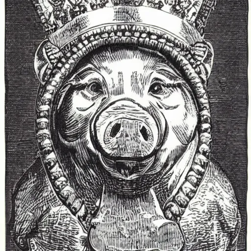 Prompt: a detailed woodcut of a pig in a gold crown by Gustave Doré