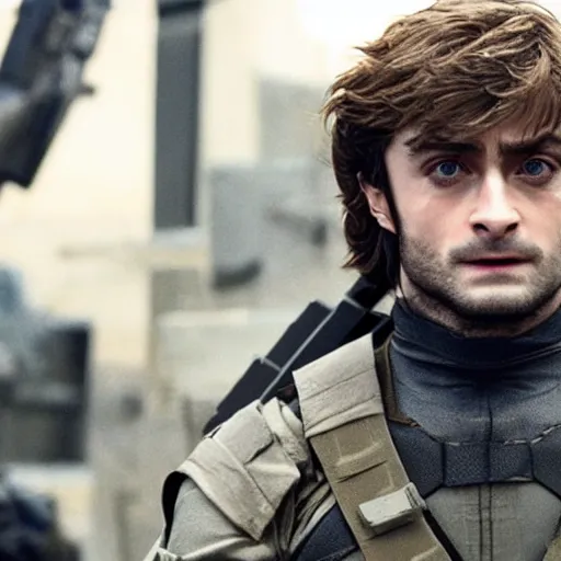 Prompt: solid snake played by daniel radcliffe, metal gear movie still, cinematic,