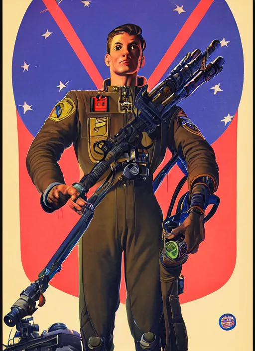 Image similar to american propaganda poster art. powerful cyberpunk pilot. portrait by jean giraud and anton otto fischer and john philip falter and will eisner and gil elvgren and pixar. full body. realistic proportions. science fiction d & d. overwatch, rb 6 s, cyberpunk 2 0 7 7, blade runner 2 0 4 9 concept art. cel shading. thick lines.