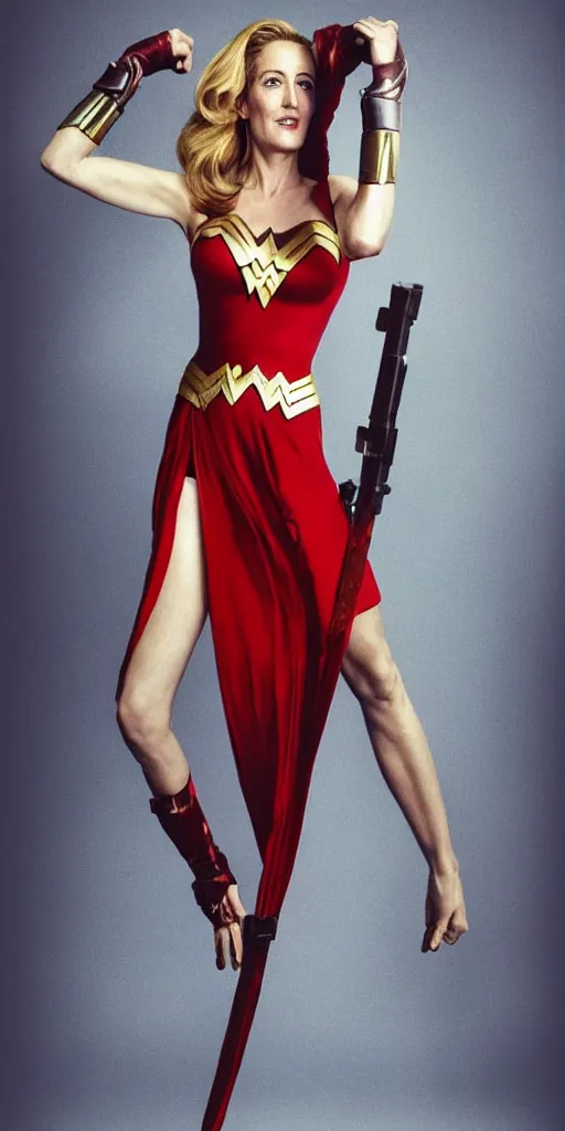 Prompt: full length photo of a beautiful 40-year-old Gillian Anderson dressed as wonder woman by Mario Testino and stanley lau, detailed, full body shot, award winning, Sony a7R, trending on artstation