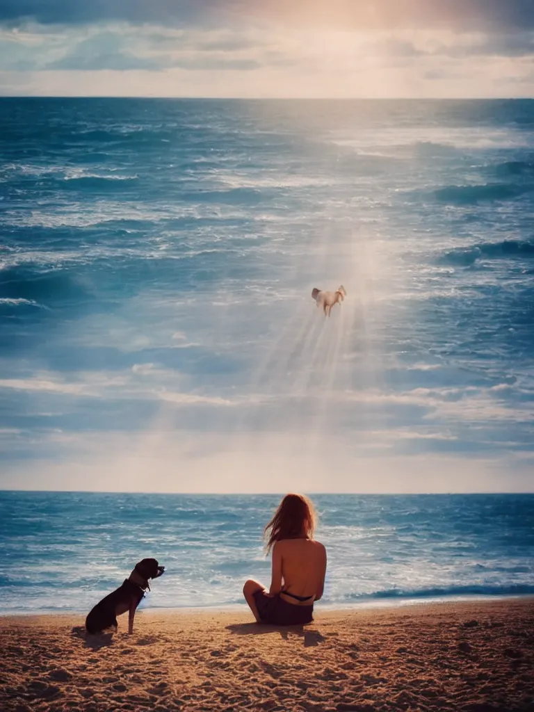 Prompt: a woman sitting on the beach with a dog, a stock photo by oleg oprisco, shutterstock contest winner, romanticism, stock photo, stockphoto, sunrays shine upon it