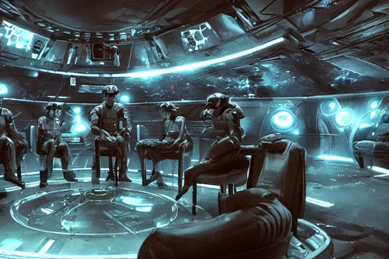 Prompt: sci-fi cinematography of cybernetic space soldiers sitting in an alien bar. By Emmanuel Lubezki