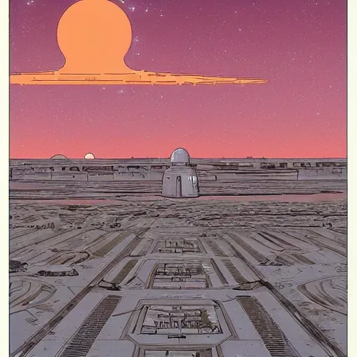 Image similar to Star Wars Tatooine city in the style of Jean Giraud, Moebius