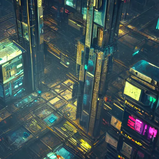 Image similar to 8 k artstation photograph rainy city crumbling ruins scifi cyberpunk aesthetic hyper realistic aerial view top down