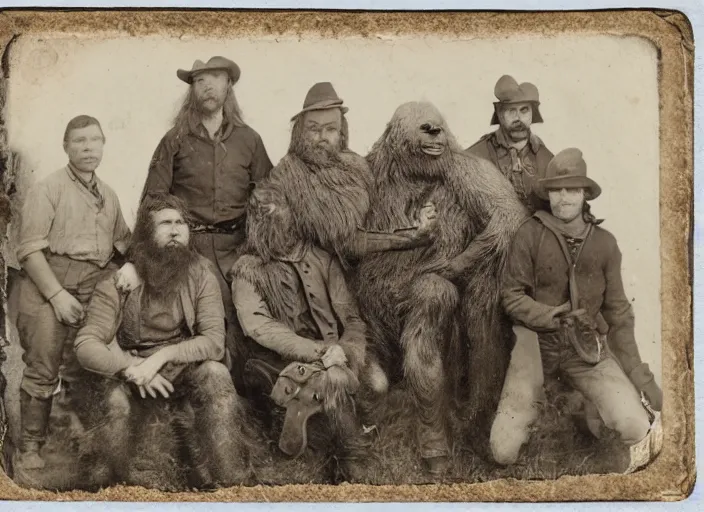 Image similar to tintype photo of a group of hunters posing with a giant dead sasquatch ape beast