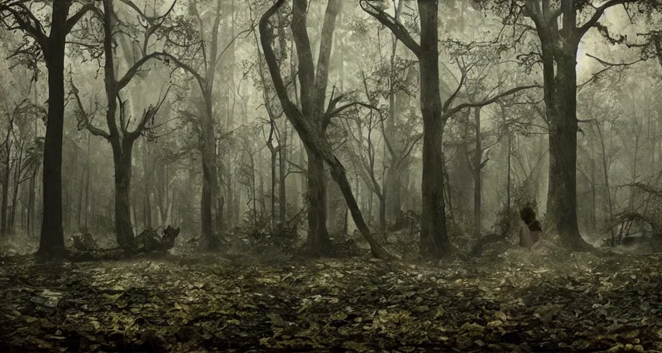 Image similar to A dense and dark enchanted forest with a swamp, by gregory crewdson