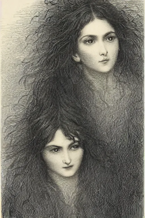 Prompt: extreme close-up, hair fully covers a woman\'s face, forest background, Gustave Dore lithography