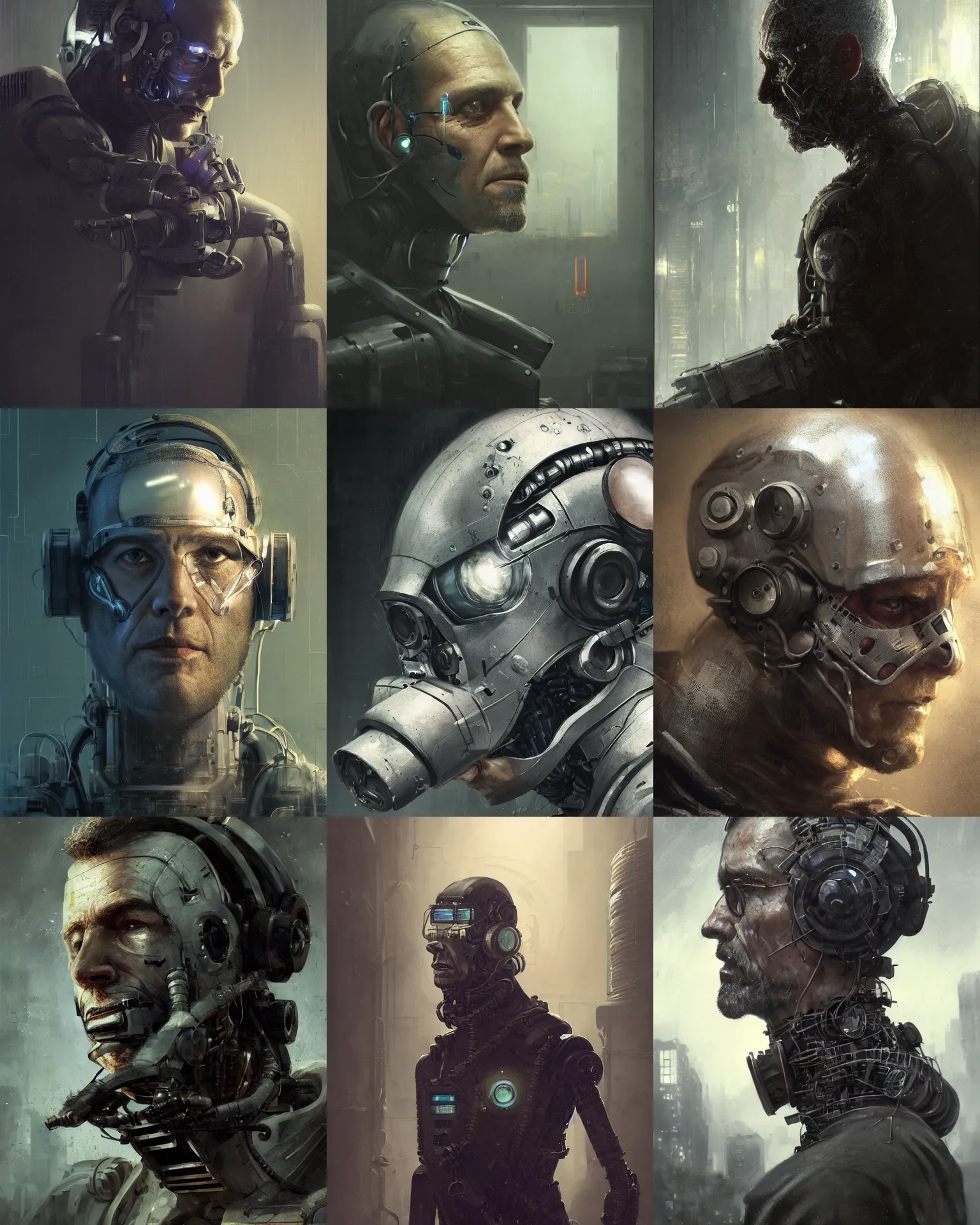 Image similar to a half - masked rugged middle aged laboratory engineer man with cybernetic enhancements as seen from a distance, scifi character portrait by greg rutkowski, esuthio, craig mullins, 1 / 4 headshot, cinematic lighting, dystopian scifi gear, gloomy, profile picture, mechanical, half robot, implants, steampunk