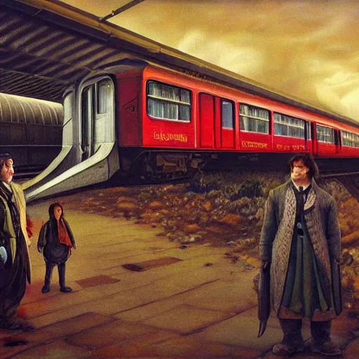Image similar to a futuristic painting of two hobbits from tolkien lord of the rings standing on the platform of a train station, a big red train is waiting at the platform in the style of dali