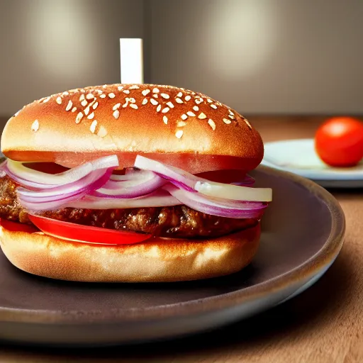 Prompt: a gourmet hamburger with lettus, tomatoes, onions, sauce and cheese on a plate with fries. Hyperrealistic, food photography, focal point, focus, background blur, dark, realistic, detailed, lighting, cinematic, 8k